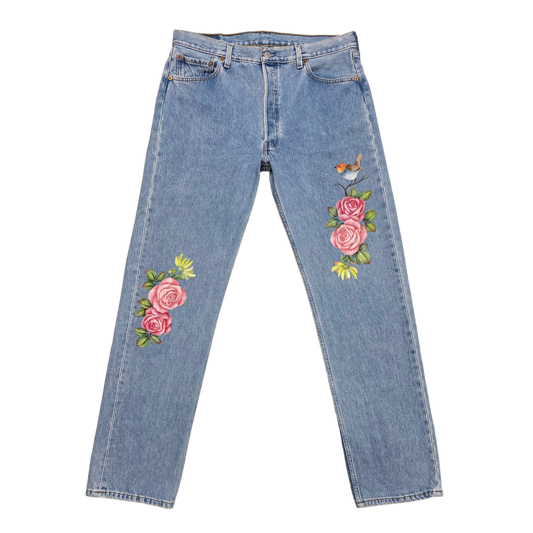 Hand-painted Robin & Roses Vintage Denim No.130 (size37)