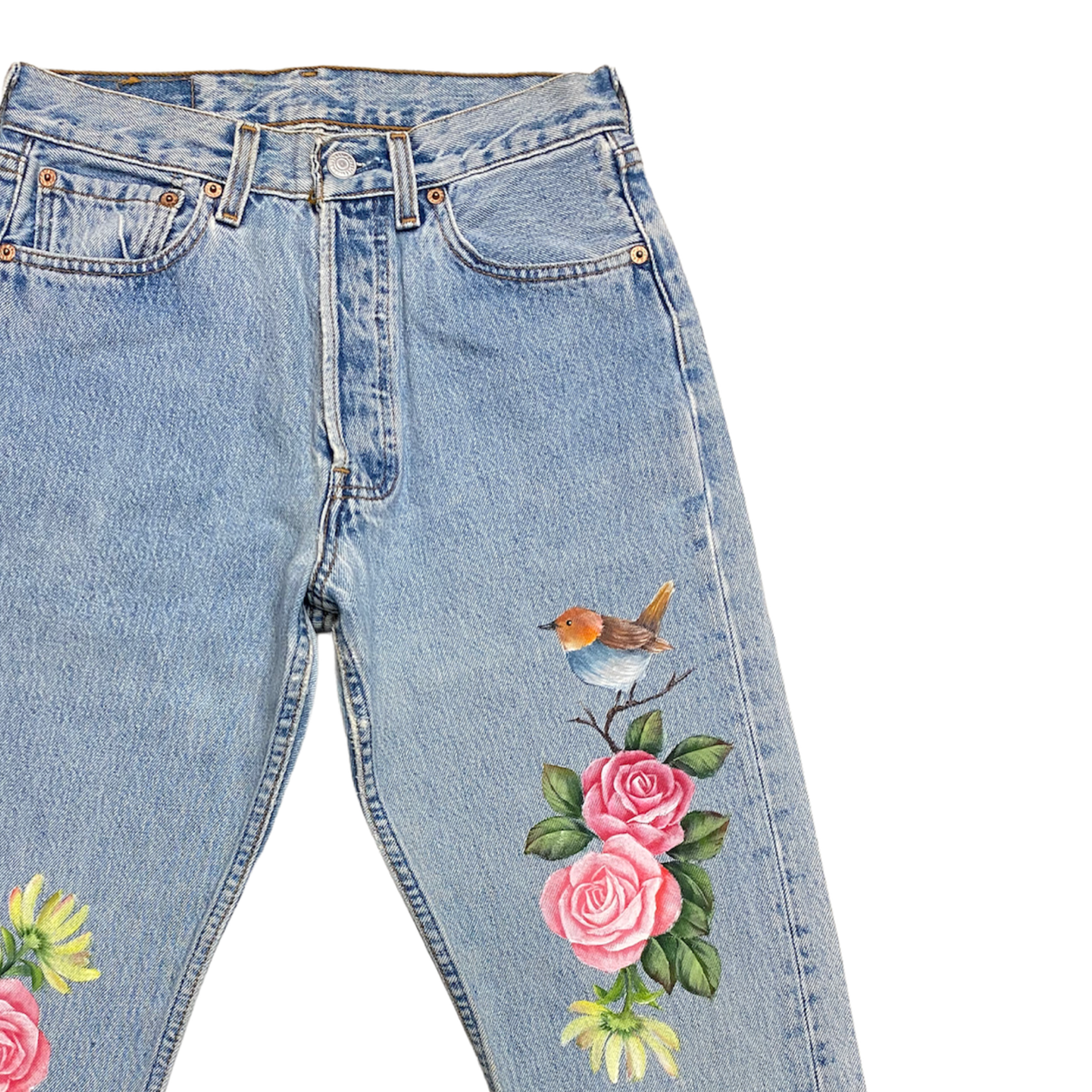 Hand-painted Robin & Roses Vintage Denim No.133 (size28)